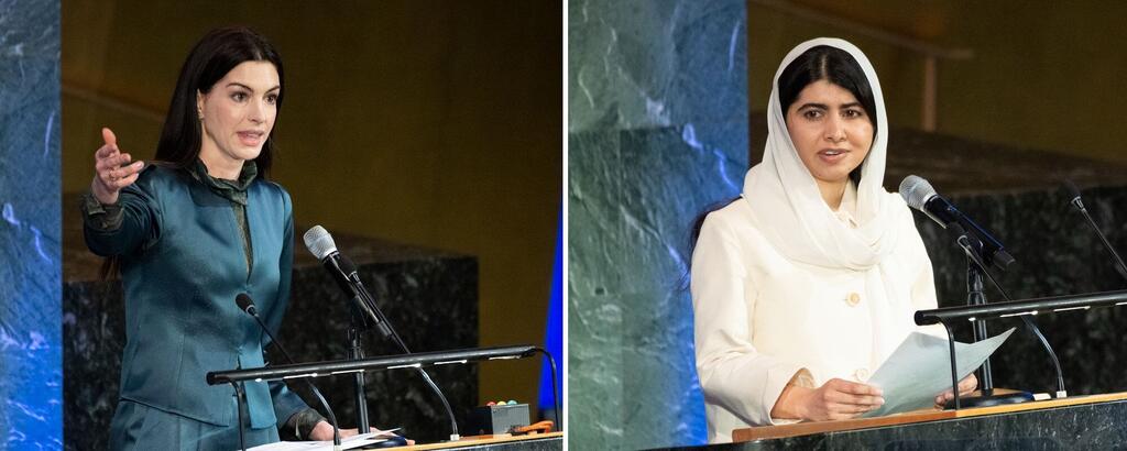 Anne Hathaway, UN Women Goodwill Ambassador (left) and Nobel Peace Prize Laureate Malala Yousafzai address the commemoration of 2026 International Women's Day at the UN General Assembly in New York.